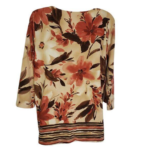 Alfred Dunner Womens Top Small Floral 3/4 Sleeve Embellished Striped Split V Nec - Picture 2 of 10